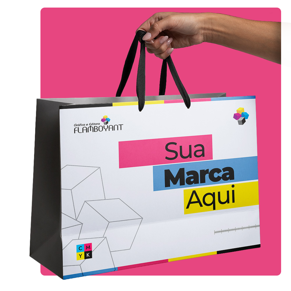 Sacola personalizada Gráfica Flamboyant — alça de fita, impressão premium CMYK